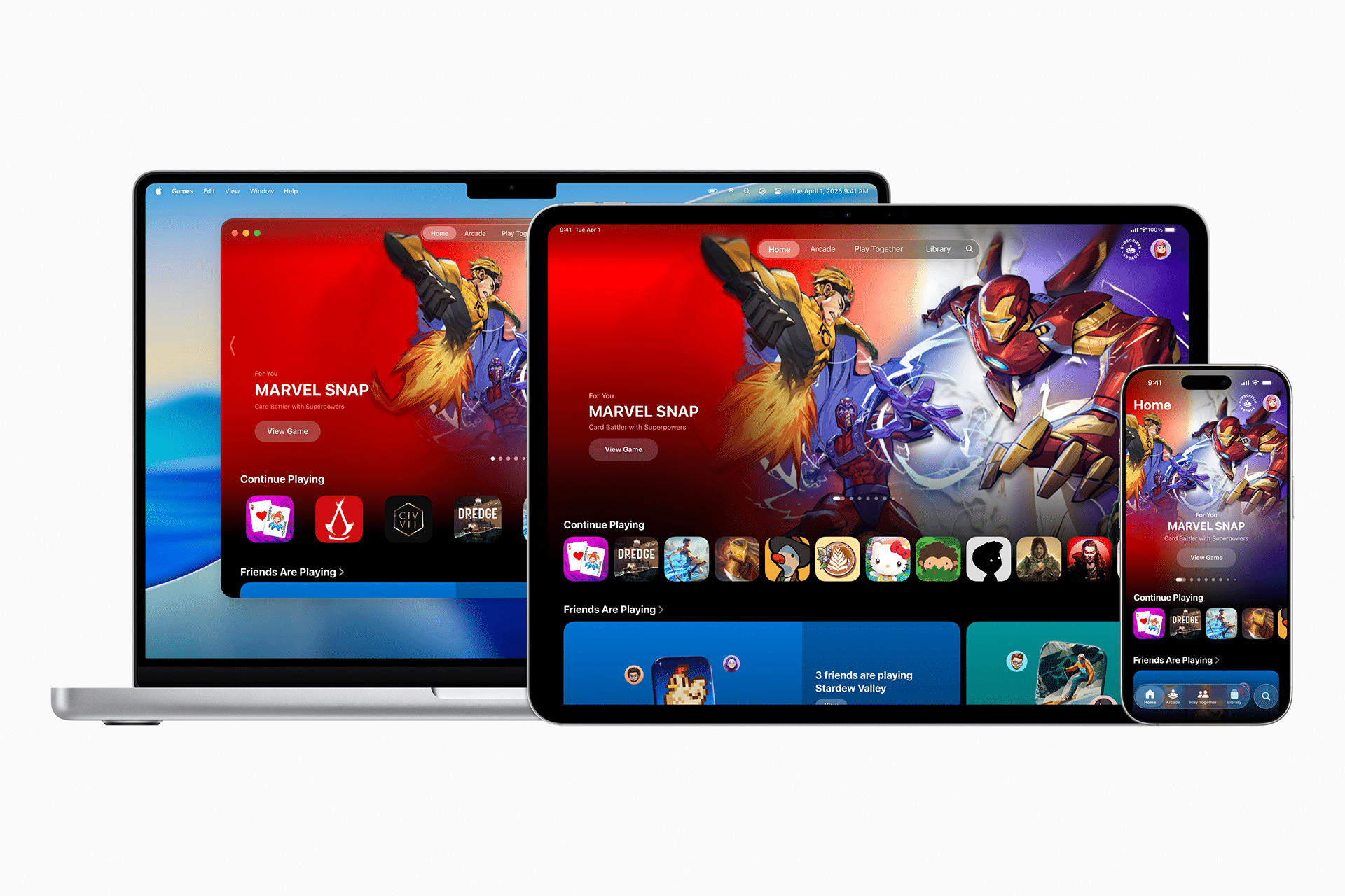 A MacBook, iPad, and iPhone display the Marvel Snap game on their screens, highlighting vibrant superhero characters and a unified gaming interface—reflecting Apple gaming strategy 2025 across all devices.