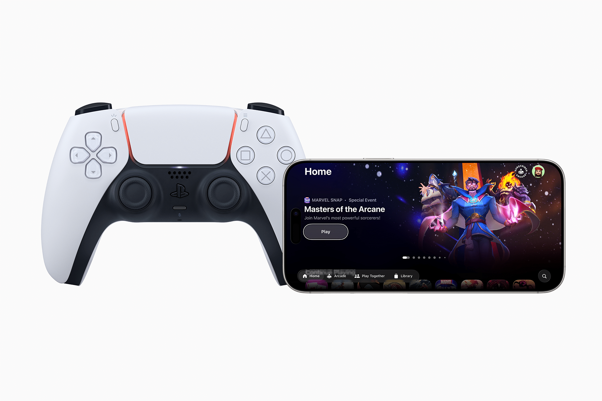 A white PlayStation-style wireless game controller sits beside a smartphone showcasing a vibrant fantasy character and the text "Masters of the Arcane," hinting at Apple's gaming strategy 2025.