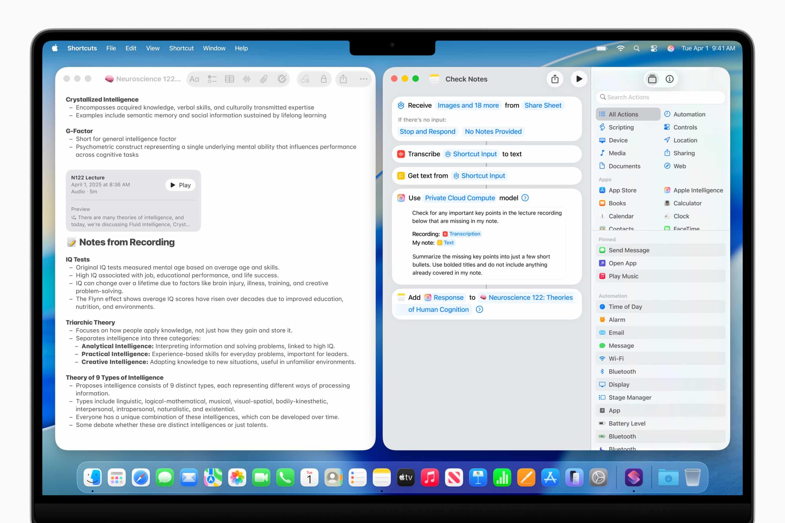 A MacBook screen displays two windows side by side: a notes app on the left with text and a checklist, and the Shortcuts app on the right showing Apple Intelligence-powered tasks and automation shortcuts. Colorful app icons are visible in the dock below.