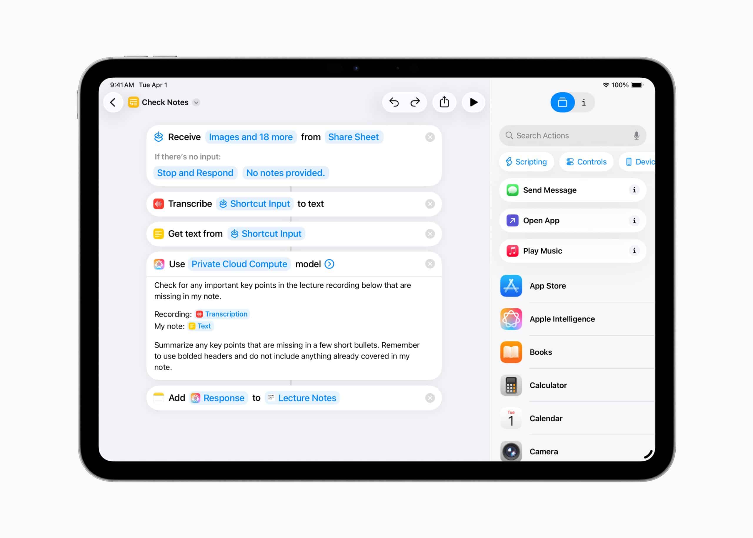 An iPadOS 26 screen displays the Shortcuts app with an automation workflow for checking notes. Steps include receiving images, responding, transcribing input, and summarizing notes. The right pane shows app categories and a search bar.