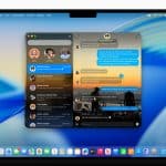 A MacBook screen displaying the Messages app in dark mode with chat conversations open on macOS Tahoe. The desktop features a blue wave wallpaper, dock icons at the bottom, and the menu bar at the top.