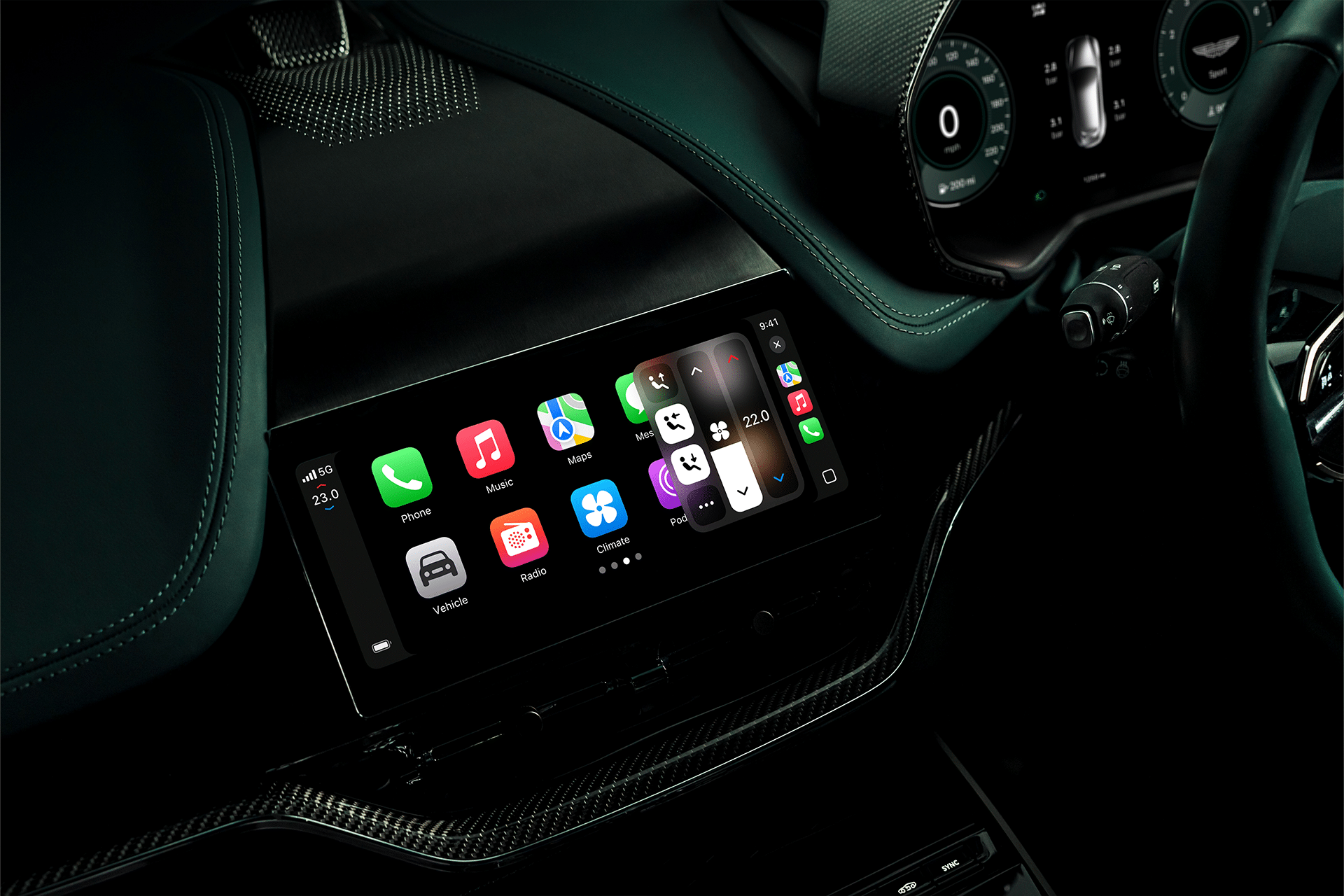 Close-up of a car dashboard featuring the Carplay Ultra central touchscreen display with Apple CarPlay interface, showing app icons like Phone, Music, Maps, and Messages, and a digital instrument cluster in the background.