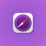 A stylized Safari browser app icon featuring a purple compass and white border is centered on a purple gradient background, inspired by Apple’s Safari Technology Preview for enhanced performance.