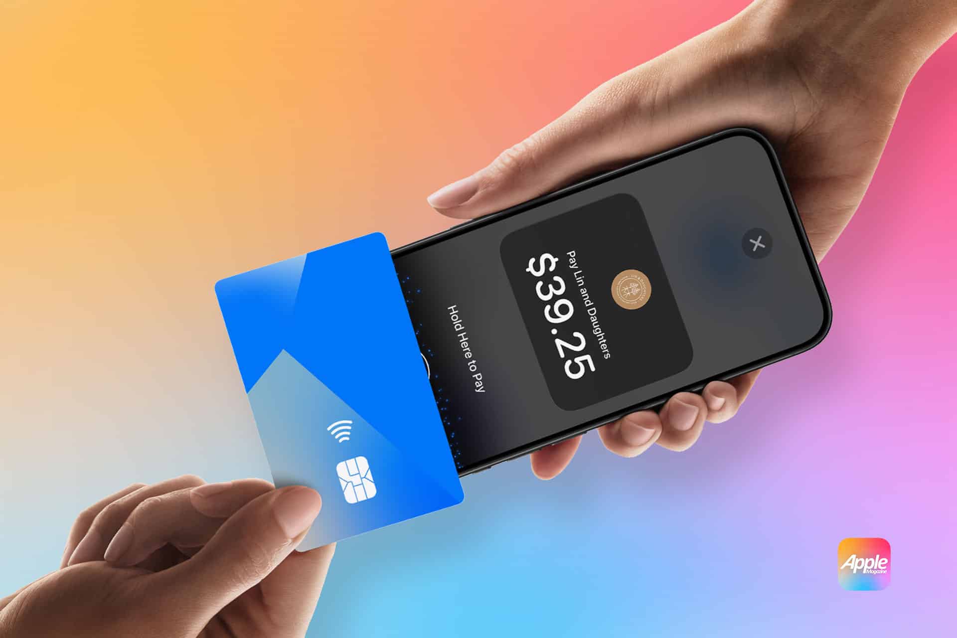 A person taps a blue contactless credit card on the back of a smartphone displaying a payment screen with an amount of $39.25. The background is a colorful gradient, and an Apple logo appears in the bottom right corner.