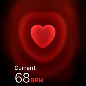 A glowing red heart icon is centered on a dark background with a soft red aura. Below, white and red text reads "Current 68 BPM," reflecting real-time heart rate alerts like those from an Apple Watch.