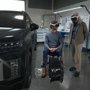 Two people wearing VR headsets interact with a virtual car model and parts in a high-tech workshop, exploring 3D modeling and design workflows—with one person seated and the other standing—using visionOS technology.