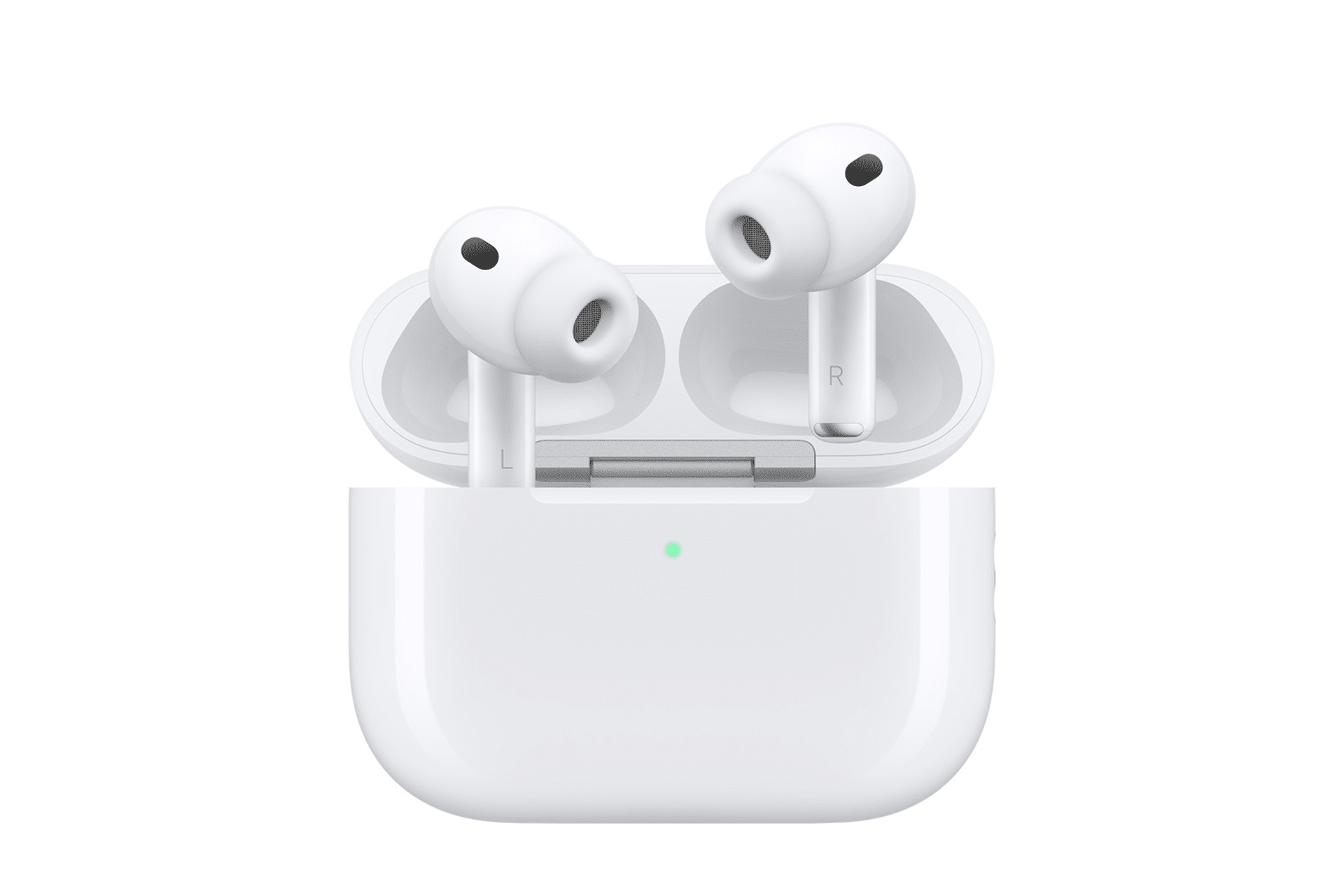 A pair of white wireless earbuds in an open AirPods Pro 3 case with a small green indicator light on the front, featuring advanced tracking and the new U2 chip for seamless connectivity.