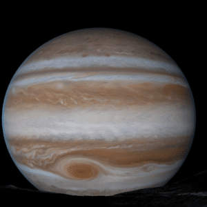 A detailed image of Jupiter against a black background, showing its swirling bands of brown, orange, and white clouds and the prominent Great Red Spot—perfect for an immersive Jupiter Environment on Apple Vision Pro with visionOS 26.