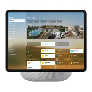 A tablet on a smart speaker displays a smart home control dashboard, showing security camera feeds, lighting and temperature controls, and automation options—now seamlessly integrating with the iPhone 18 Pro camera upgrade for enhanced visuals. -Apple Home Hub