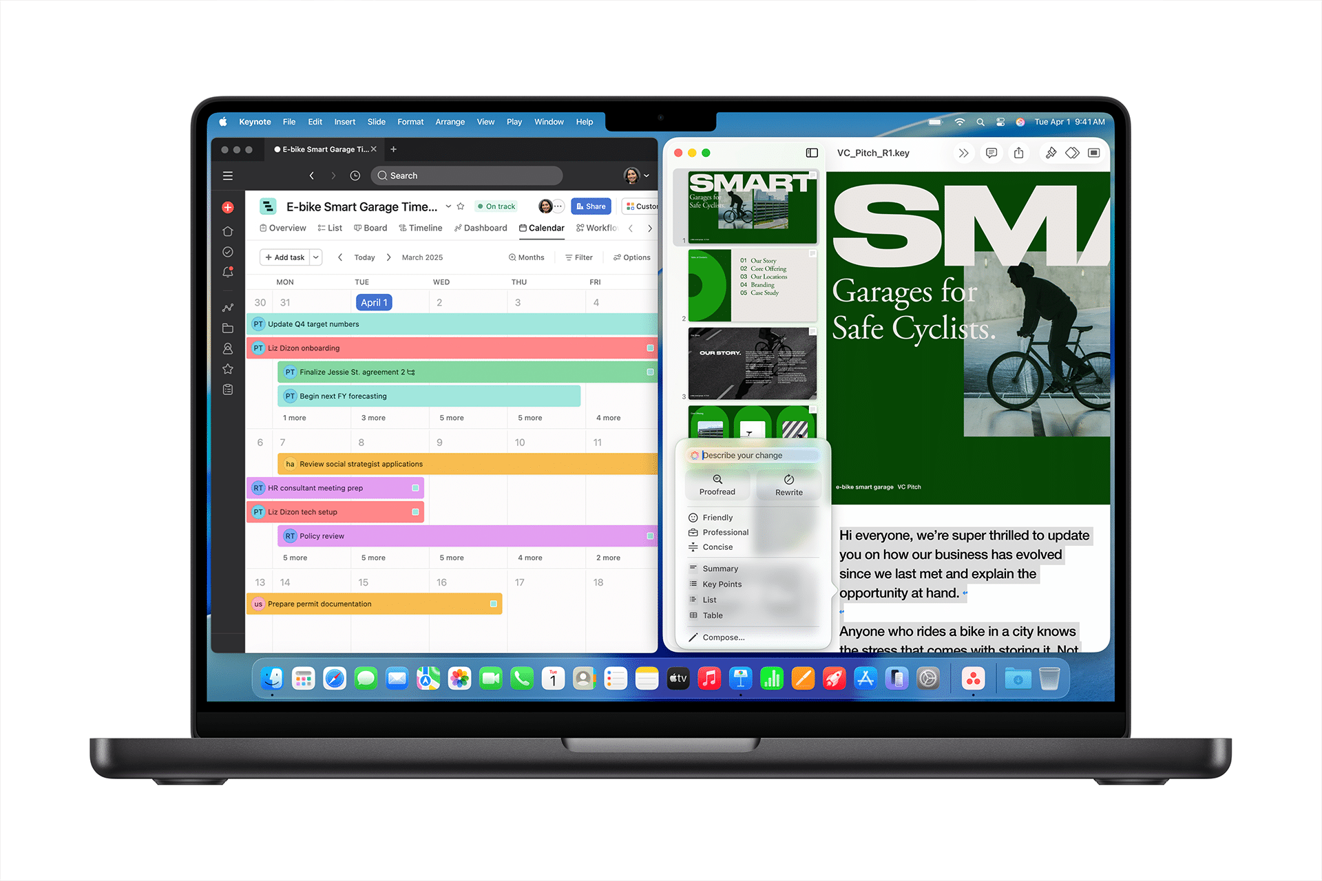 Mac default apps - A laptop screen displays two windows side by side: a colorful project management calendar on the left and a website for "SMABT Garages for Safe Cyclists" on the right, both running smoothly thanks to impressive M5 chip performance.