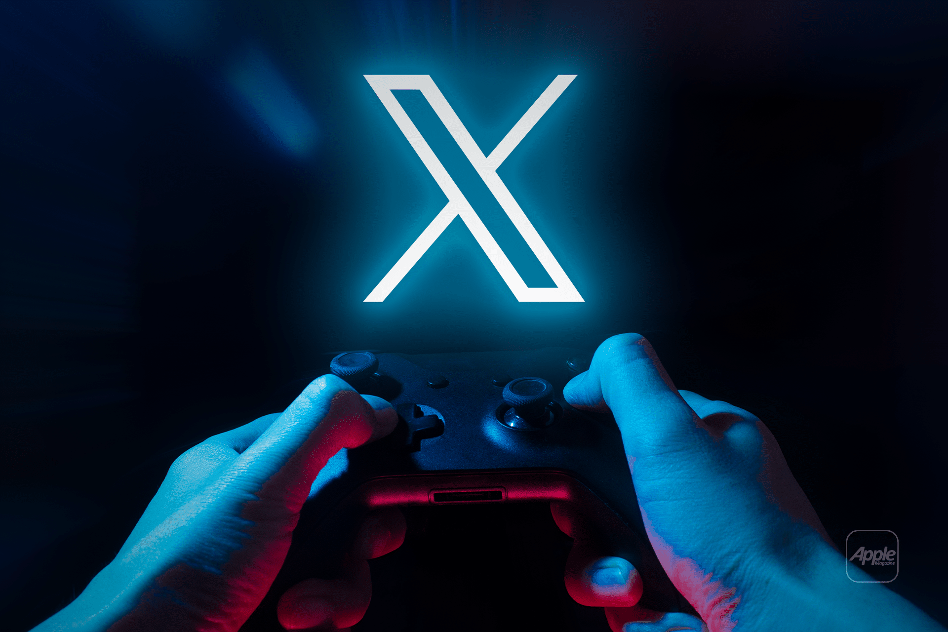 A person’s hands holding a game controller with a large glowing X logo in the center, hinting at an xAI AI-powered video game, set against a dark background with a subtle Apple logo in the corner.