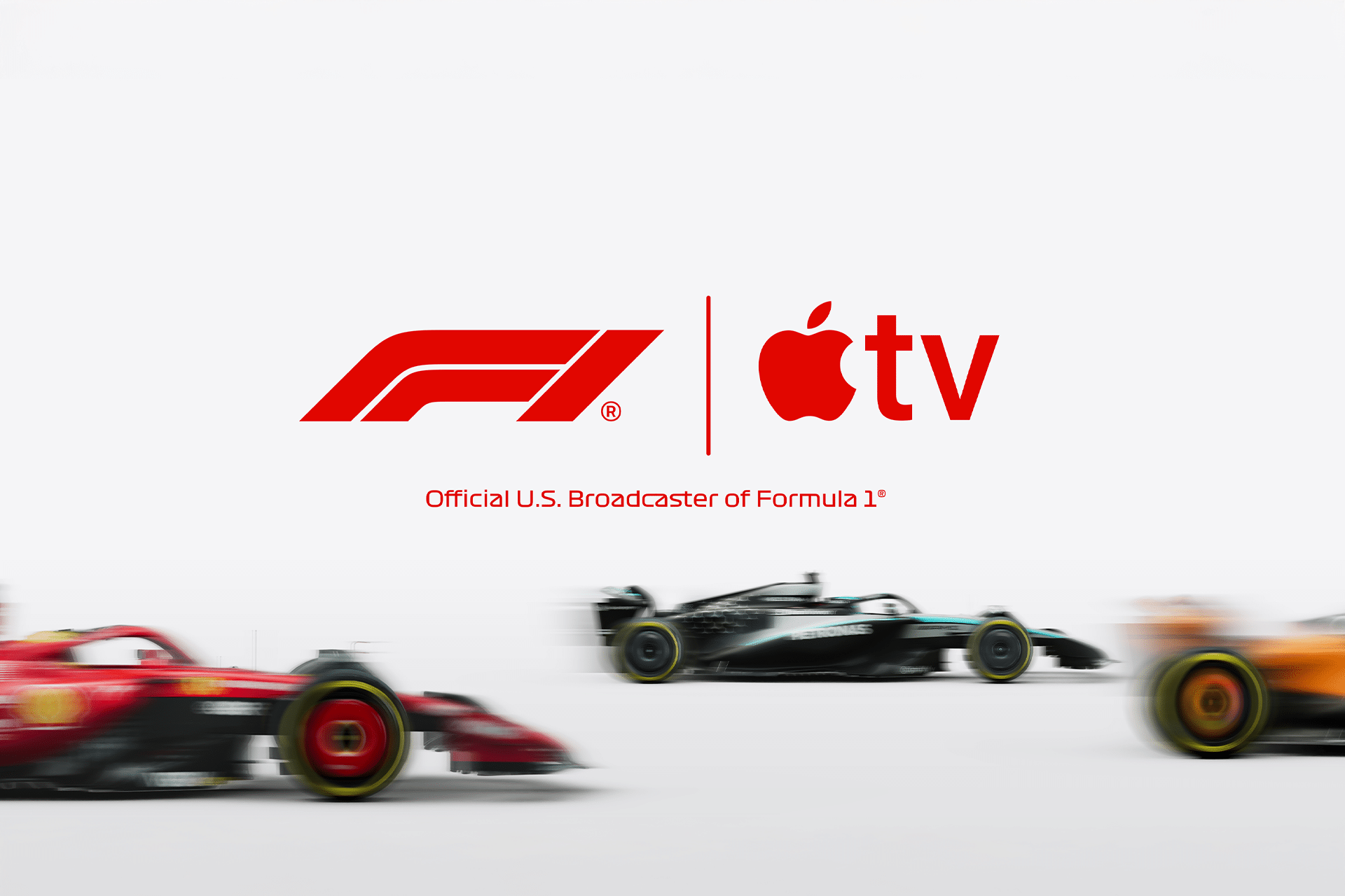IMAX Formula 1 - Three blurred Formula 1 cars race across the bottom of the image. Above them, the F1 and Apple TV logos appear with the text “Official U.S. Broadcaster of Formula 1,” highlighting the Apple Formula 1 broadcast partnership.