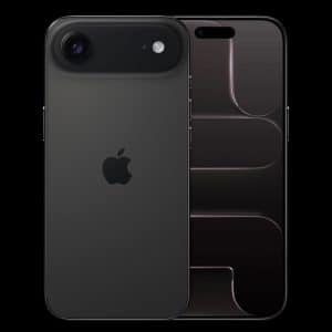Two iPhones are shown: one with its black back and Apple logo visible, the other featuring an iPhone 17 Air display test with a dark abstract wallpaper of rounded shapes. Both phones are set against a black background.