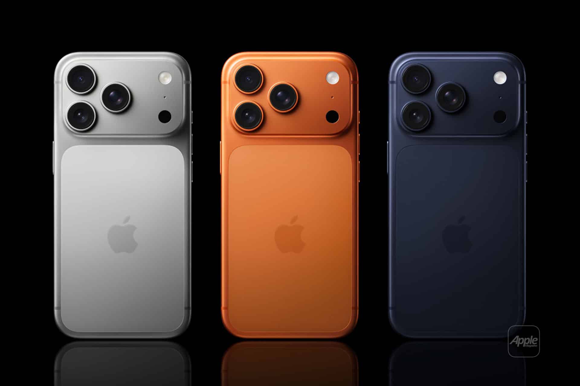 Three Apple iPhones are shown from the back in silver, orange, and dark blue, each featuring three camera lenses and the Apple logo—an ideal lineup for Belgian consumers interested in Lyca Mobile eSIM or new iPhone contracts.