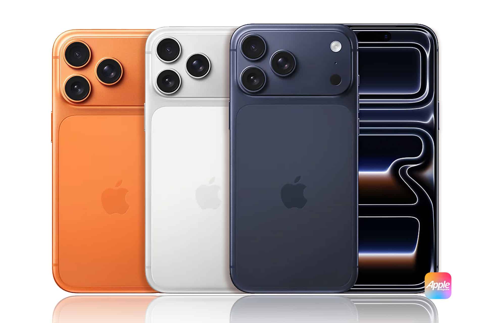 iPhone 17 Pro ColorsFour iPhones are displayed: orange, silver, and dark blue models show their backs with triple cameras, while the fourth phone displays a black screen with white light patterns. Lyca Mobile eSIM is available for Belgian consumers. An Apple logo is in the bottom right corner.