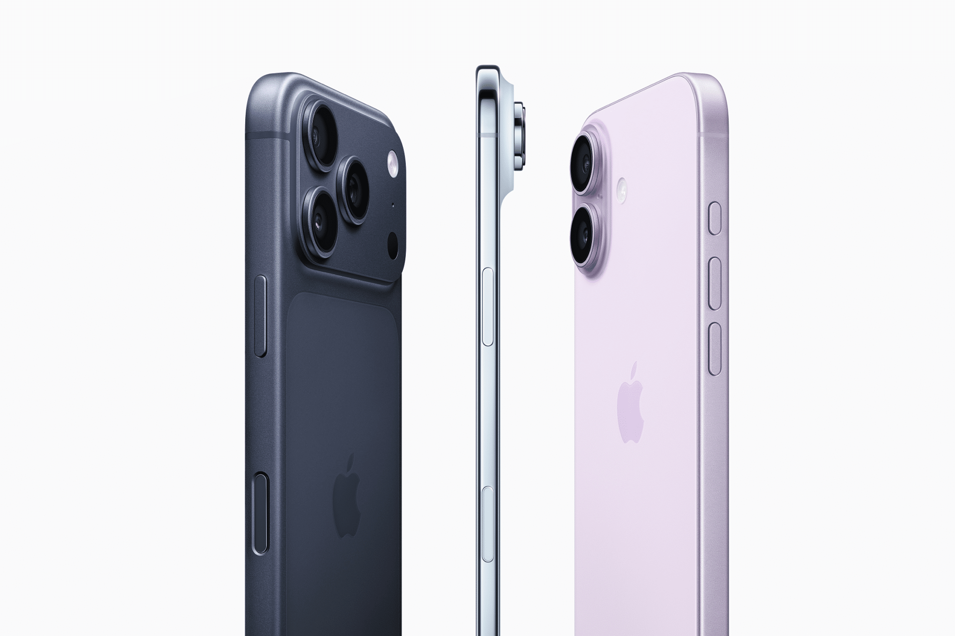 Three iPhones are shown from different angles: two dark-colored models with triple rear cameras on the left and center, and a light purple model with dual cameras on the right, highlighting the iPhone Air lineup position against a white background.