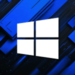 A white Windows logo with four panes is centered on a blue and black abstract geometric background, featuring diagonal lines and small dot patterns—a subtle nod to the Windows 10 end of life switch to Mac trend.