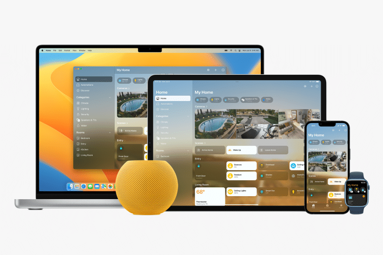 A MacBook, iPad, iPhone, and Apple Watch display an Apple smart home app interface; a yellow HomePod mini sits in front of the devices. All run on iOS 26.2 against a plain white background.