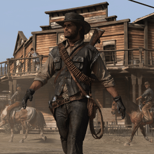 A rugged cowboy with a rifle and ammunition belt walks confidently through a dusty western town in true Red Dead Redemption iOS style, with wooden buildings and people on horseback in the background.