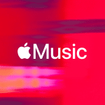 The Apple Music logo with white text and apple icon appears on a vibrant pink and red abstract background, highlighting the excitement of the apple music top 20 songs 2025 with blurred light streaks.
