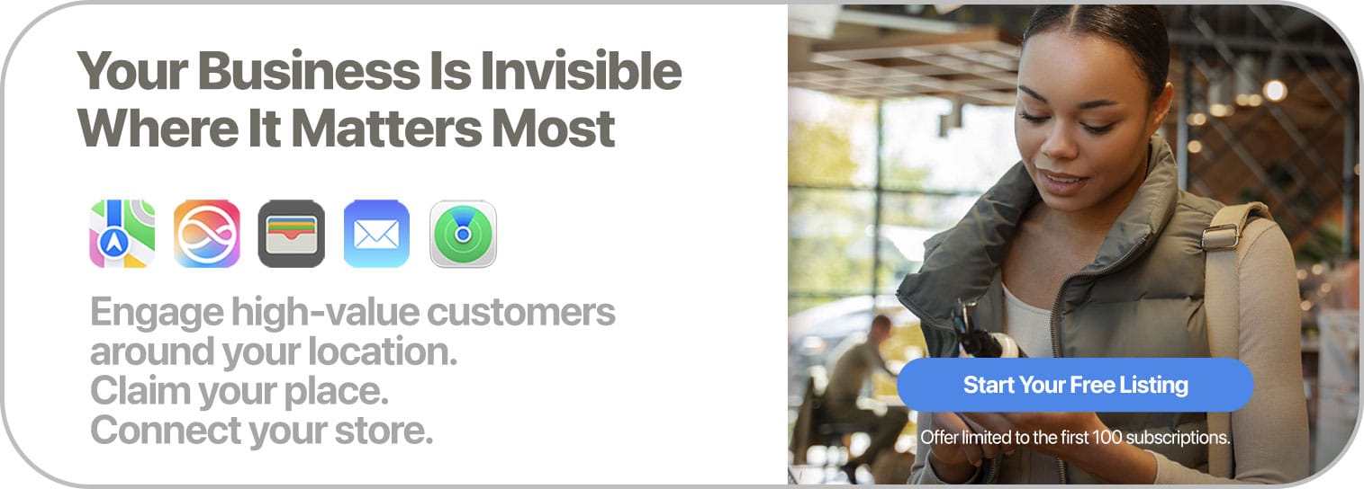 A woman looks at her phone in a cafe. Text reads: "Your Business Is Invisible Where It Matters Most. Don’t let old music dominance drown you out—engage high-value customers around your location. Claim your place. Connect your store." A button says, "Start Your Free Listing.