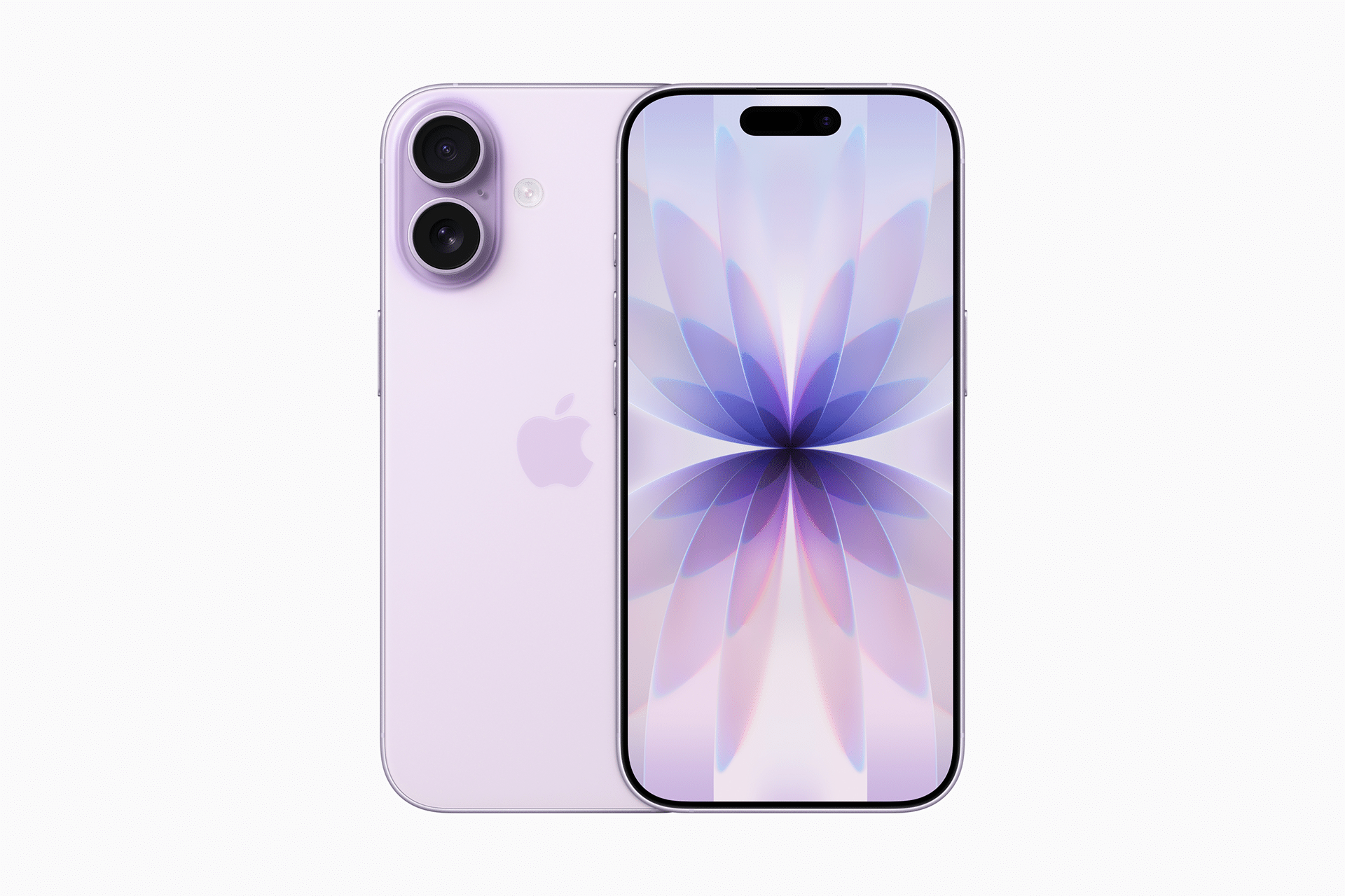 A lavender Apple iPhone, shown from the back and front, displays a symmetrical flower pattern on the screen. Featuring dual rear cameras and a sleek, modern design, this model boasts enhanced performance with upgraded iPhone 17 RAM.