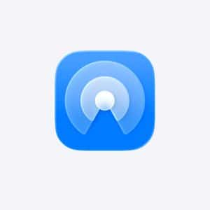 A blue app icon with a rounded square shape, featuring a circular design resembling the AirDrop radar signal, with a central white dot and radiating arcs. The background is light gray.