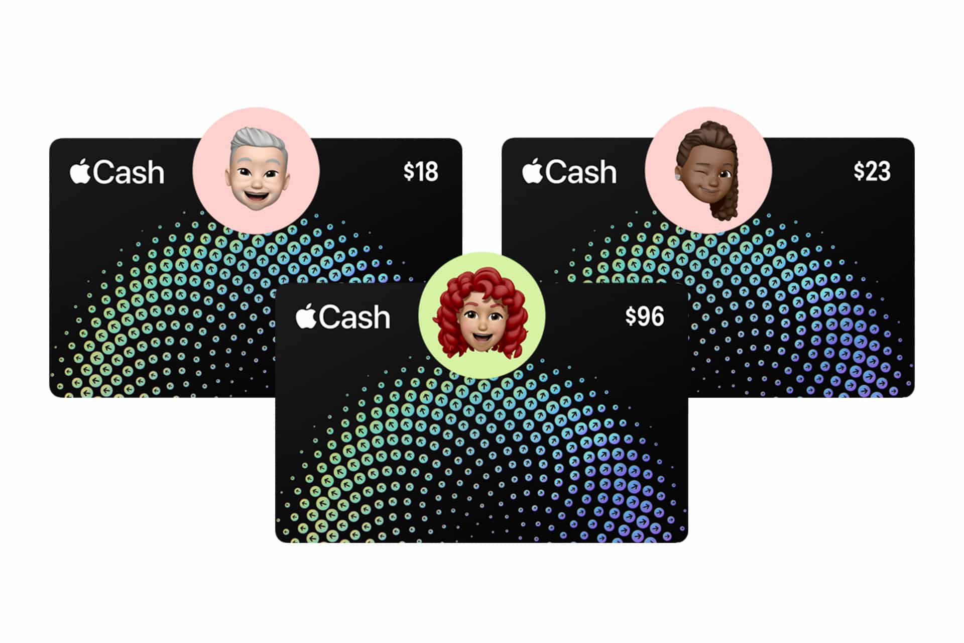 Three Apple Cash cards with different values ($18, $23, $96), each featuring a circular avatar of a smiling person above the card. The sleek black Apple Cash cards display a colorful dotted pattern.