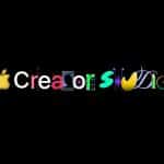 Black background featuring "Apple Creator Studio." Each letter bursts with colorful digital art, icons, and creative design elements, highlighted by an apple logo before the text for a bold, artistic look.