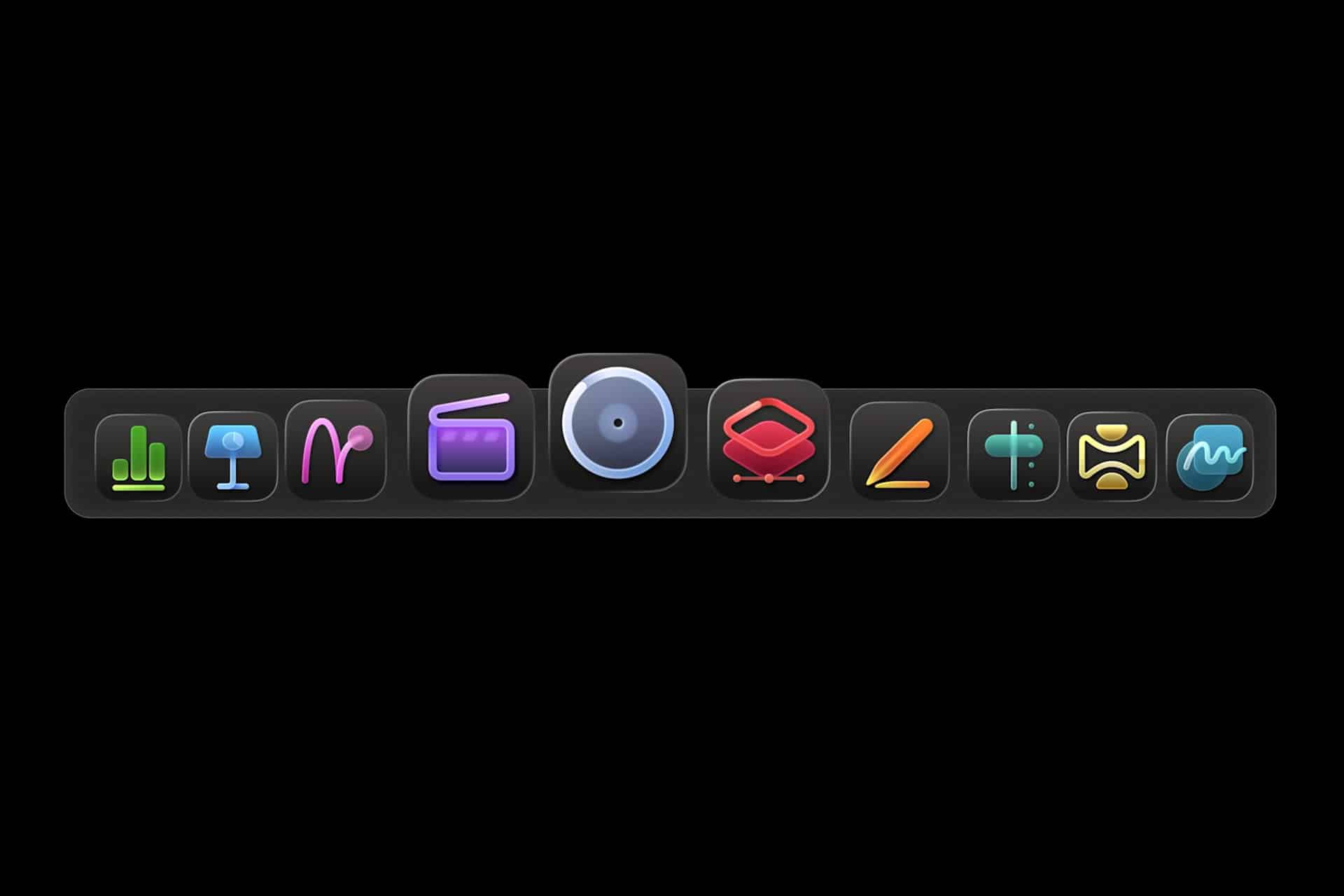 Apple Creator Studio apps - A row of colorful, stylized music and audio app icons—including sound waves, a radio, a record, a pencil, and abstract symbols—appears on a black background inspired by creative tools like Apple Creator Studio.