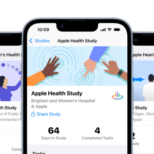 A smartphone screen displays the Apple Health Study app, part of the Apple Health Studies, showing a 64-day study duration and 4 completed tasks. Artwork and information for other health studies appear partially in the background.