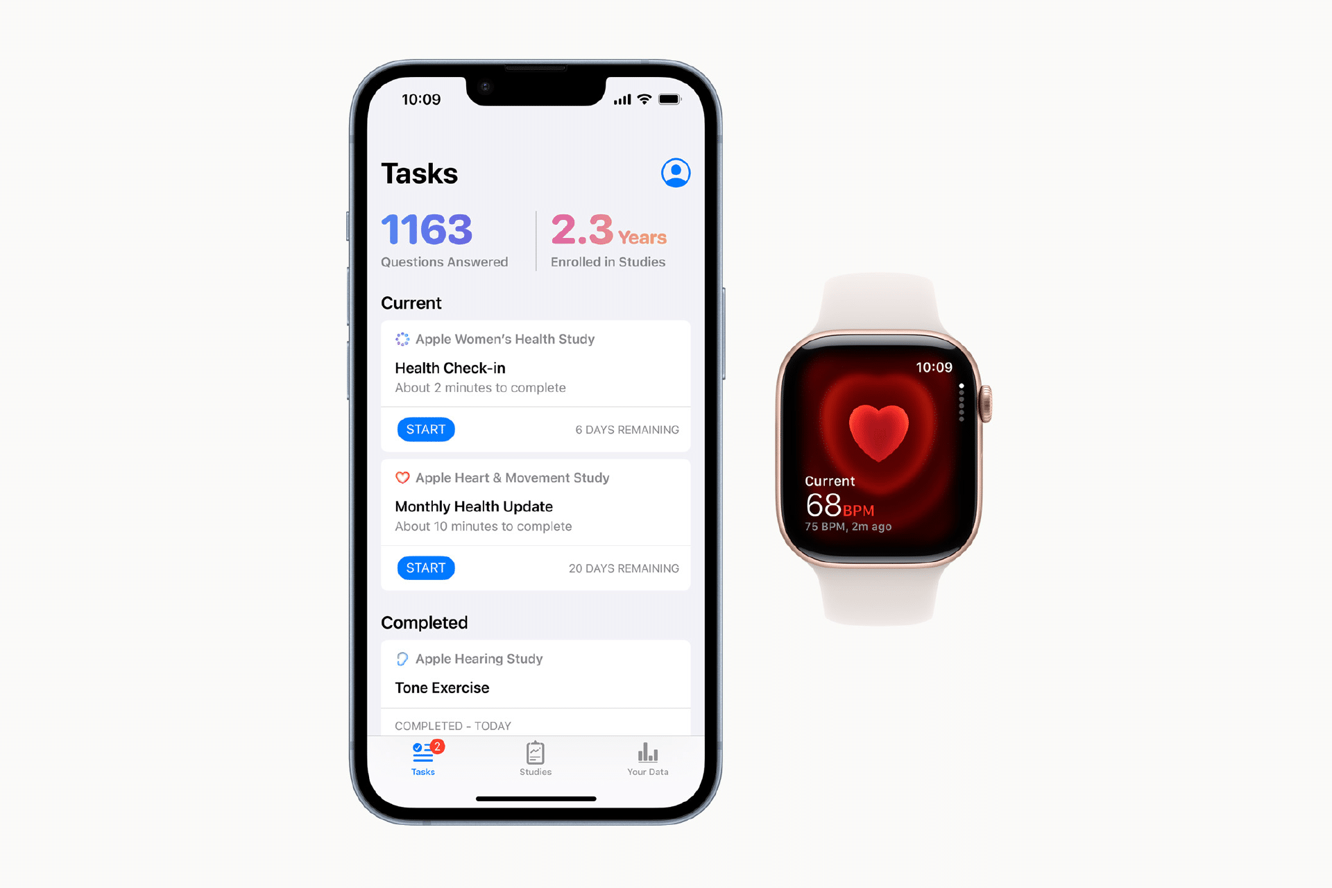 A smartphone displays the Apple Health Studies app with tasks and stats, while a smartwatch next to it shows a heart rate of 68 BPM on a red heart graphic. Both devices are on a white background.