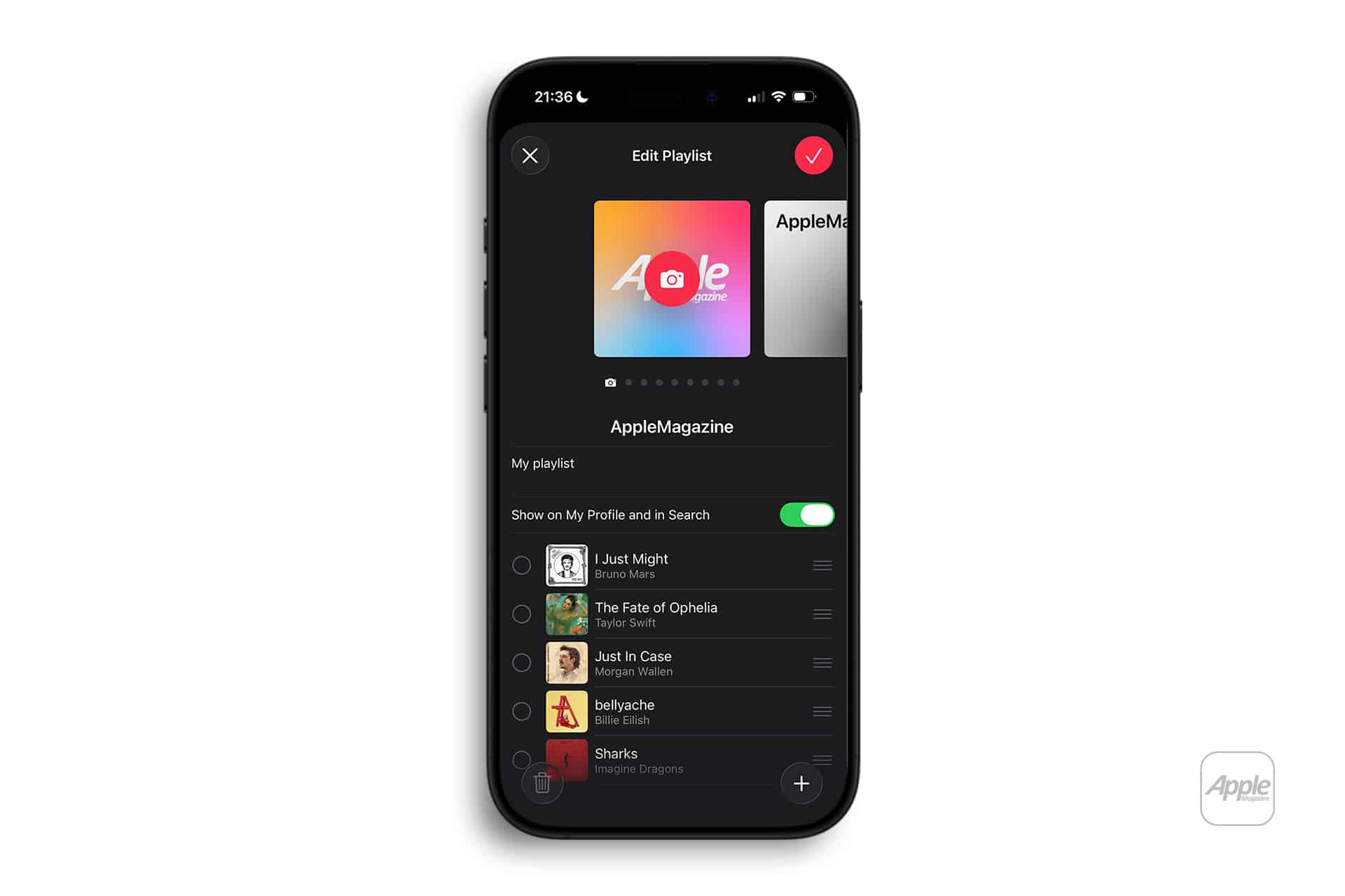 An iPhone displays an Apple Music playlists editing screen with the playlist named "AppleMagazine" and a colorful cover. The Music Playlist features songs by artists like Ruth Mixes, William Malek, and Imagine Dragons.