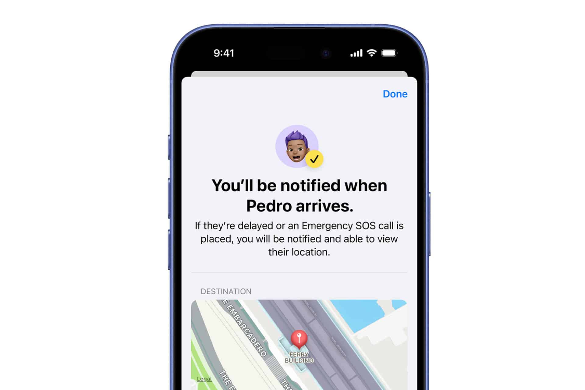 A smartphone screen displays a safety notification stating, "You’ll be notified when Pedro arrives," with a map showing a location, iCloud integration, and a message about alerts for delays or emergency calls.