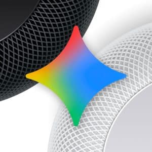 Close-up of a black and a white smart speaker with a colorful, four-pointed star overlay in the center. The fabric mesh texture of the speakers is clearly visible; an Apple logo appears on the white speaker. - Gemini Siri
