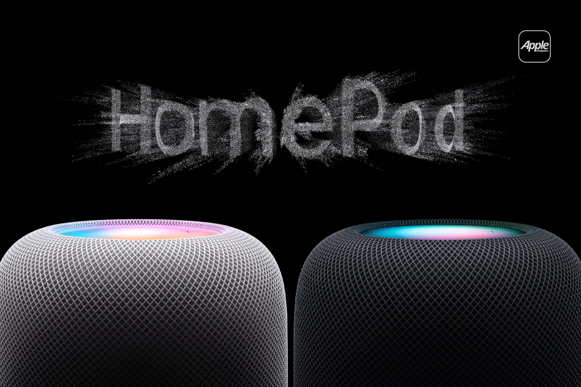 Two Apple HomePod smart speakers, one white and one black, sit side by side with colorful lights on top. The word "HomePod" appears above them in a dynamic, powder-like font on a black background, highlighting the HomePod experience.