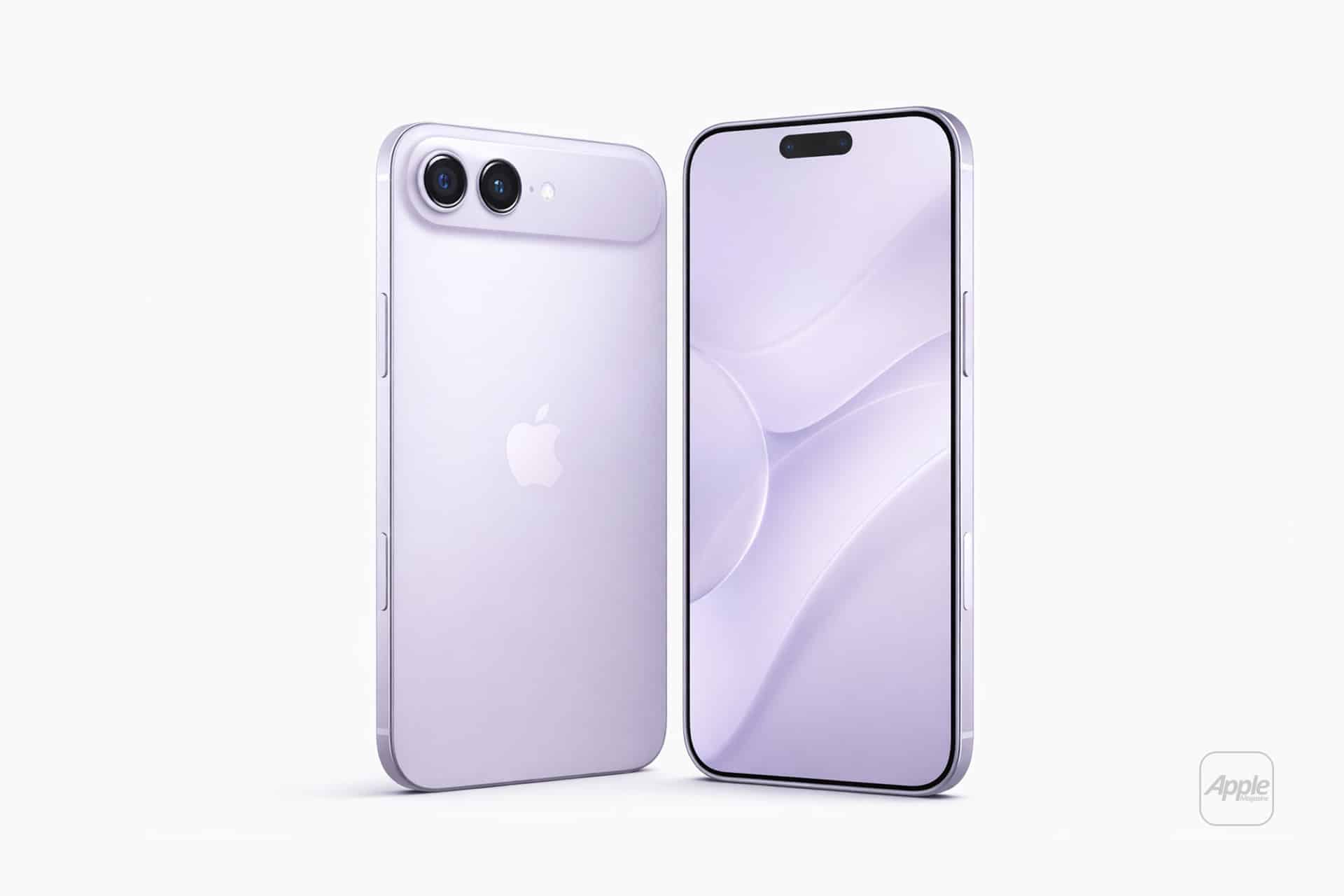Two light purple iPhones are displayed: one shows the back with dual cameras and the Apple logo, while the other showcases the front screen with a minimalist purple abstract wallpaper, highlighting the sleek style of the iPhone Air 2.