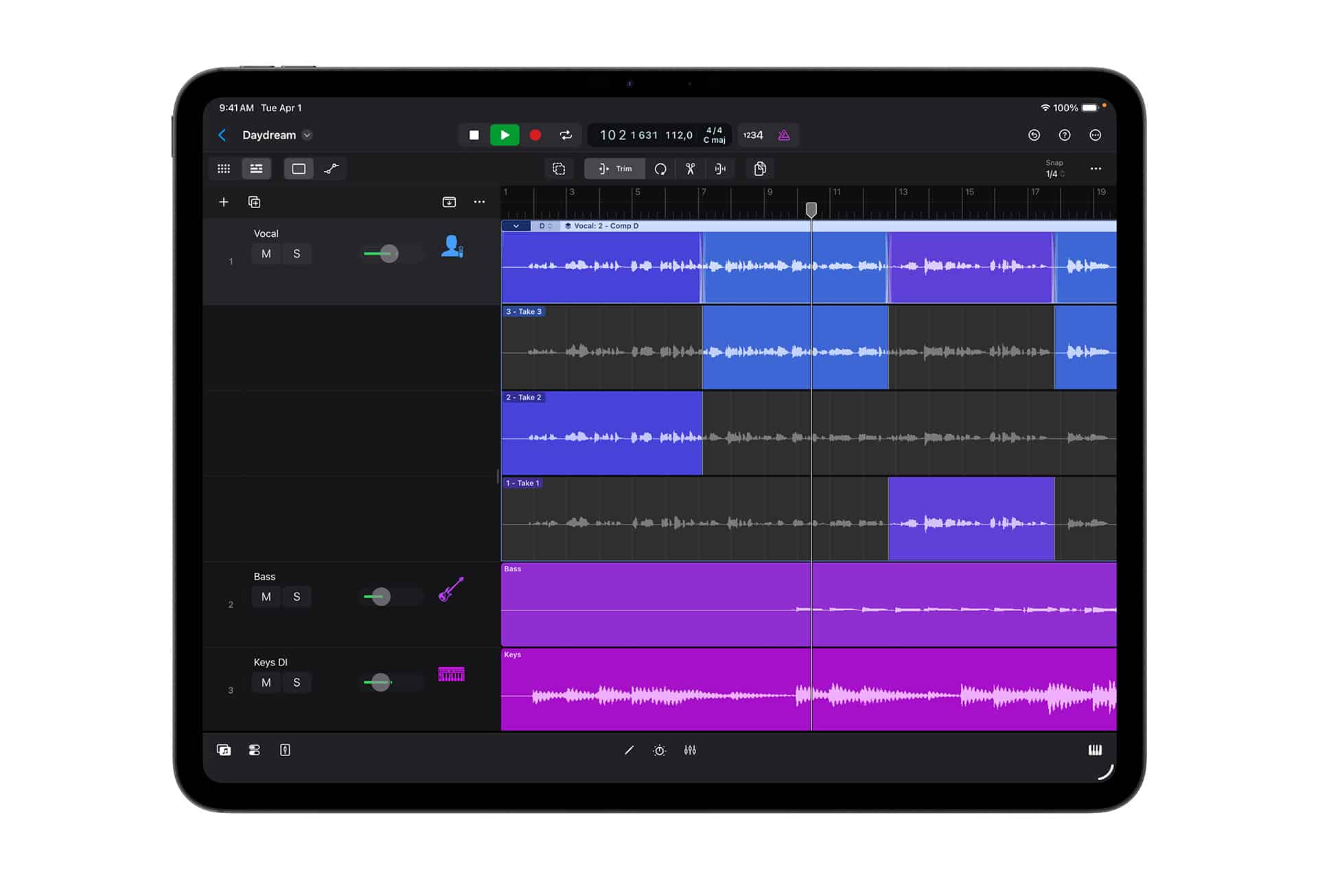 A tablet screen displaying Apple Creator Studio, with multiple tracks of audio waveforms in blue and purple, showing a music project in progress.