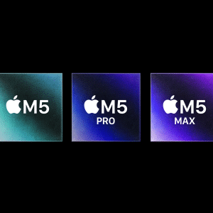 Three Apple silicon chip logos—"M5," "M5 Pro," and "M5 Max"—are shown on textured backgrounds with teal, blue, and purple gradients, representing the power behind devices like the Mac Studio M5.