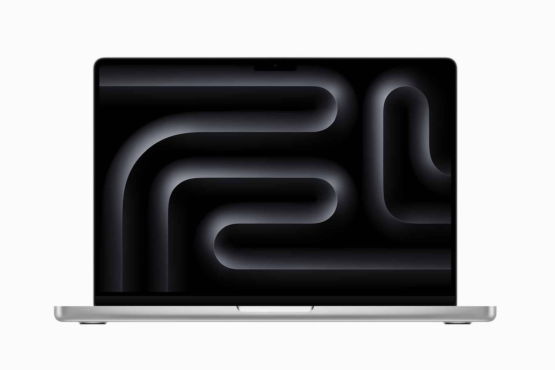 A silver laptop with a black screen displaying an abstract, curved line pattern in dark gray tones on a white background—designed to be as sleek and portable as its lightweight MacBook weight suggests.