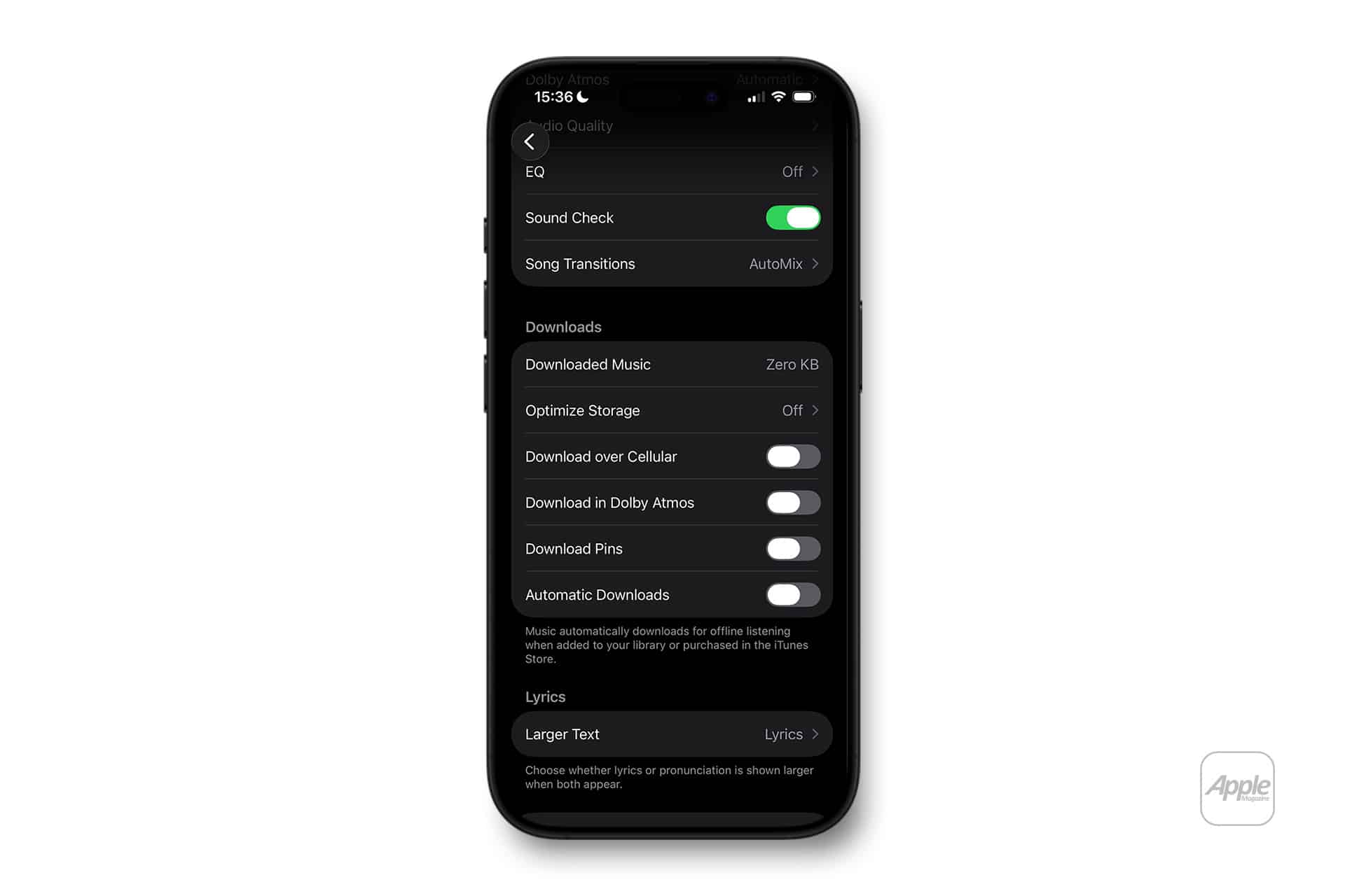 A smartphone displays the Apple Music settings screen, including EQ, Song Transitions, downloads, storage optimization for apple music offline mode, Dolby Atmos, and large lyrics text. The Apple logo appears in the bottom right corner.