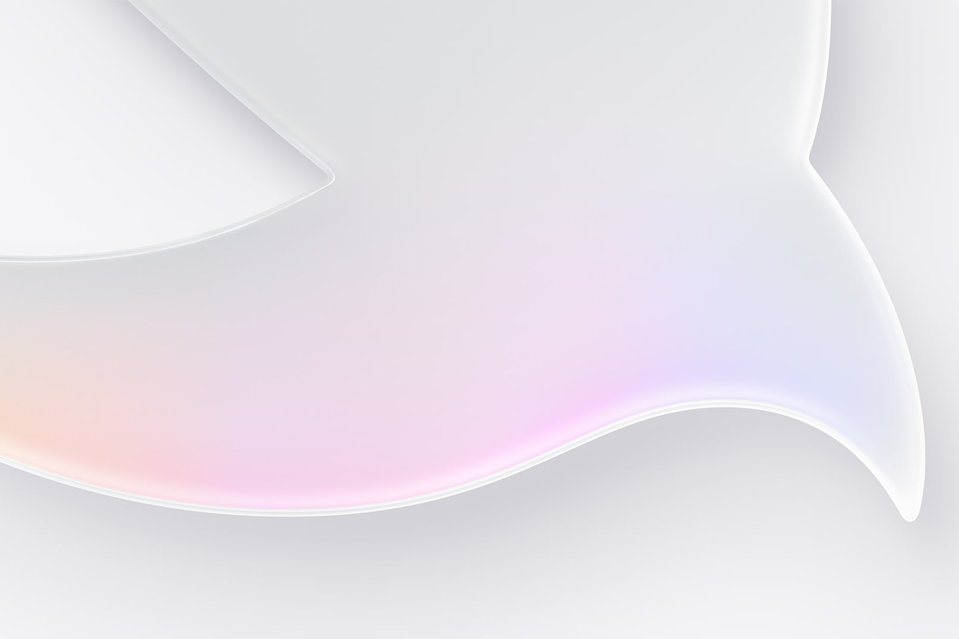 Minimalist abstract image featuring a smooth, curved, translucent white shape with soft gradients of pink, peach, and light purple on the lower right, set against a light grey background—perfect for a WWDC 2026-inspired aesthetic.