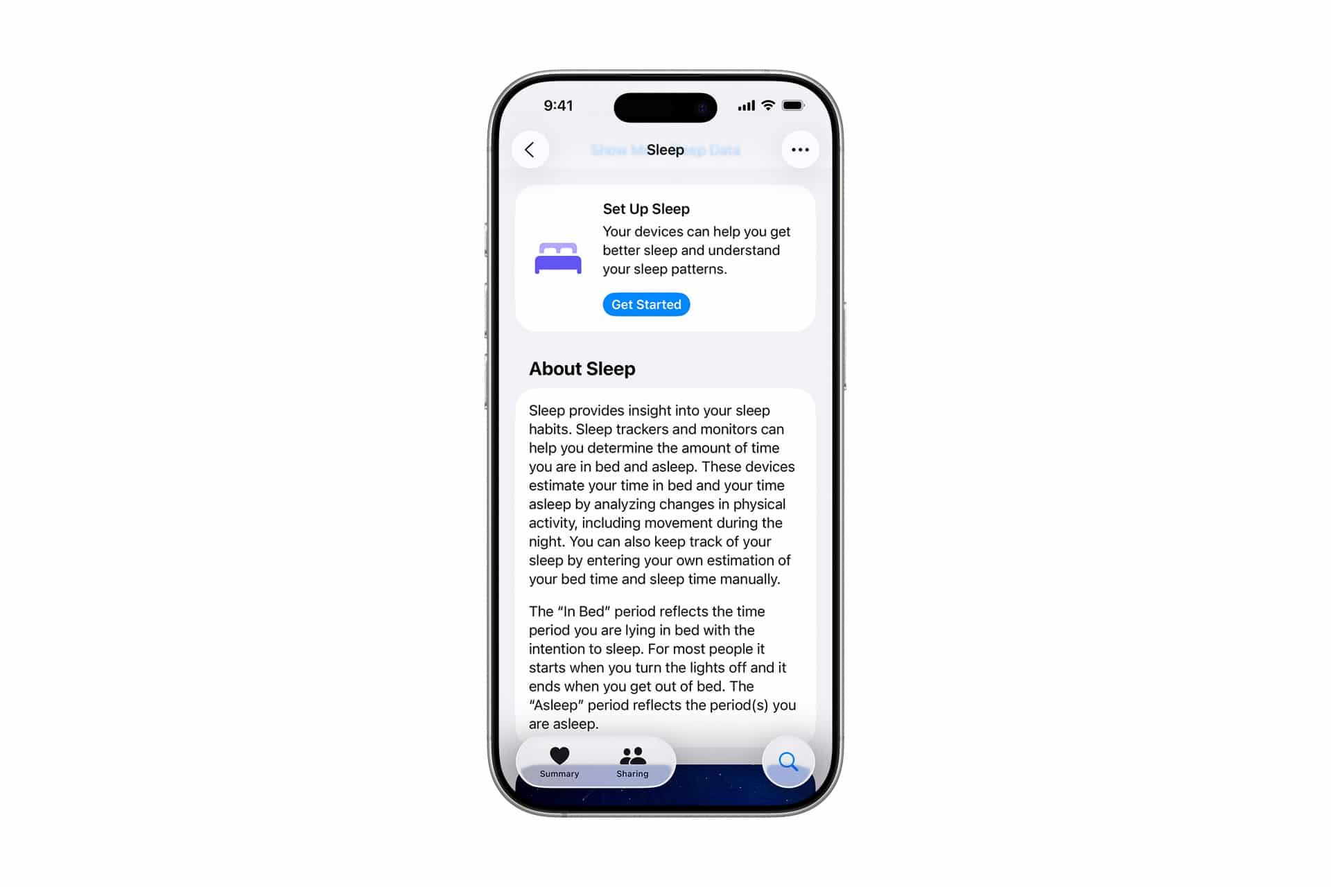 An iPhone screen displaying the Sleep section of the Health app. It highlights Apple Watch sleep tracking tips, a "Get Started" button, and details about monitoring sleep. Icons for Summary, Sharing, and Browse are visible at the bottom.