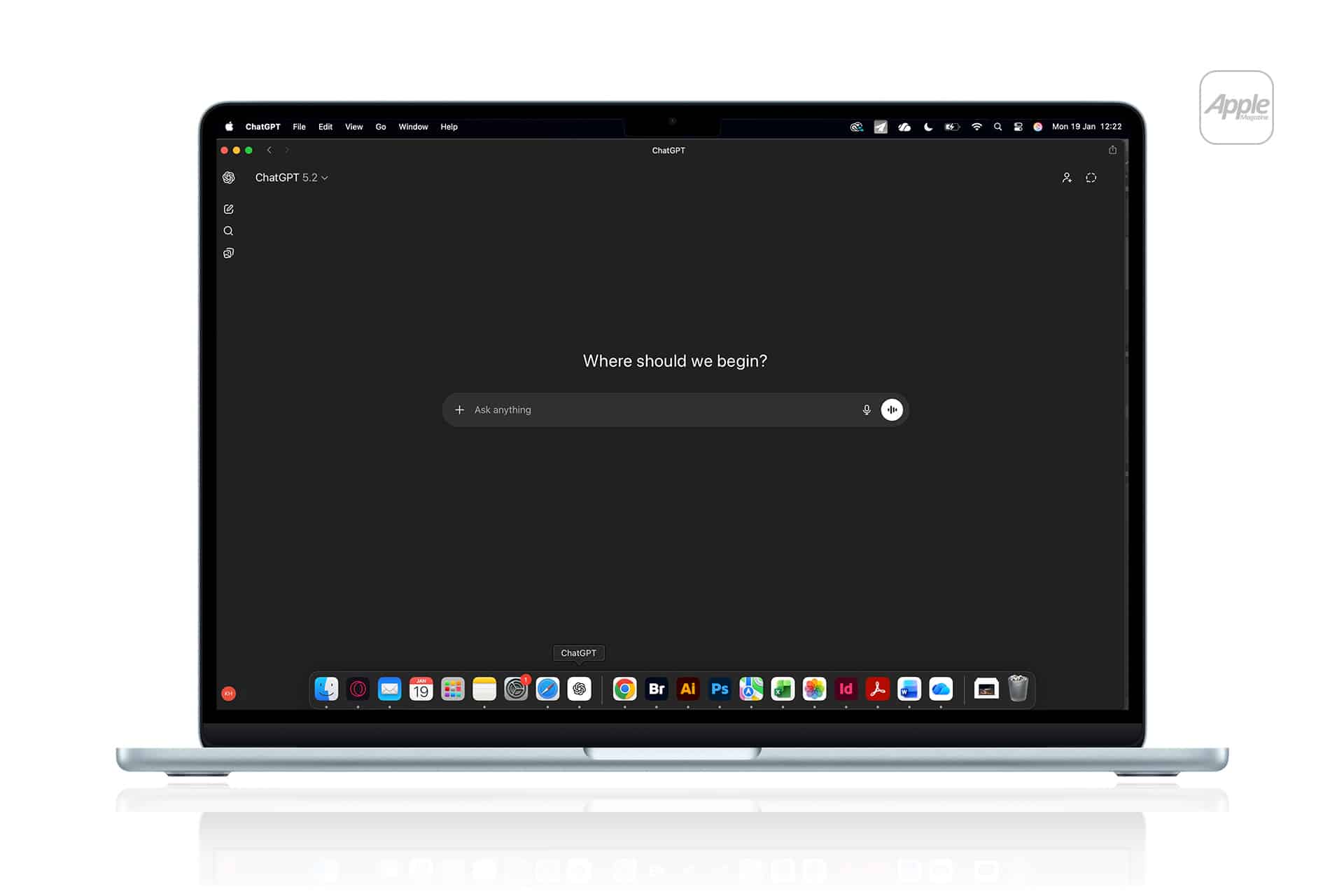 A MacBook laptop displaying a dark-themed ChatGPT window with the prompt "Where should we begin?" highlights the versatility of Web Apps. The dock below features various app icons, and the Apple logo appears in the top right corner.
