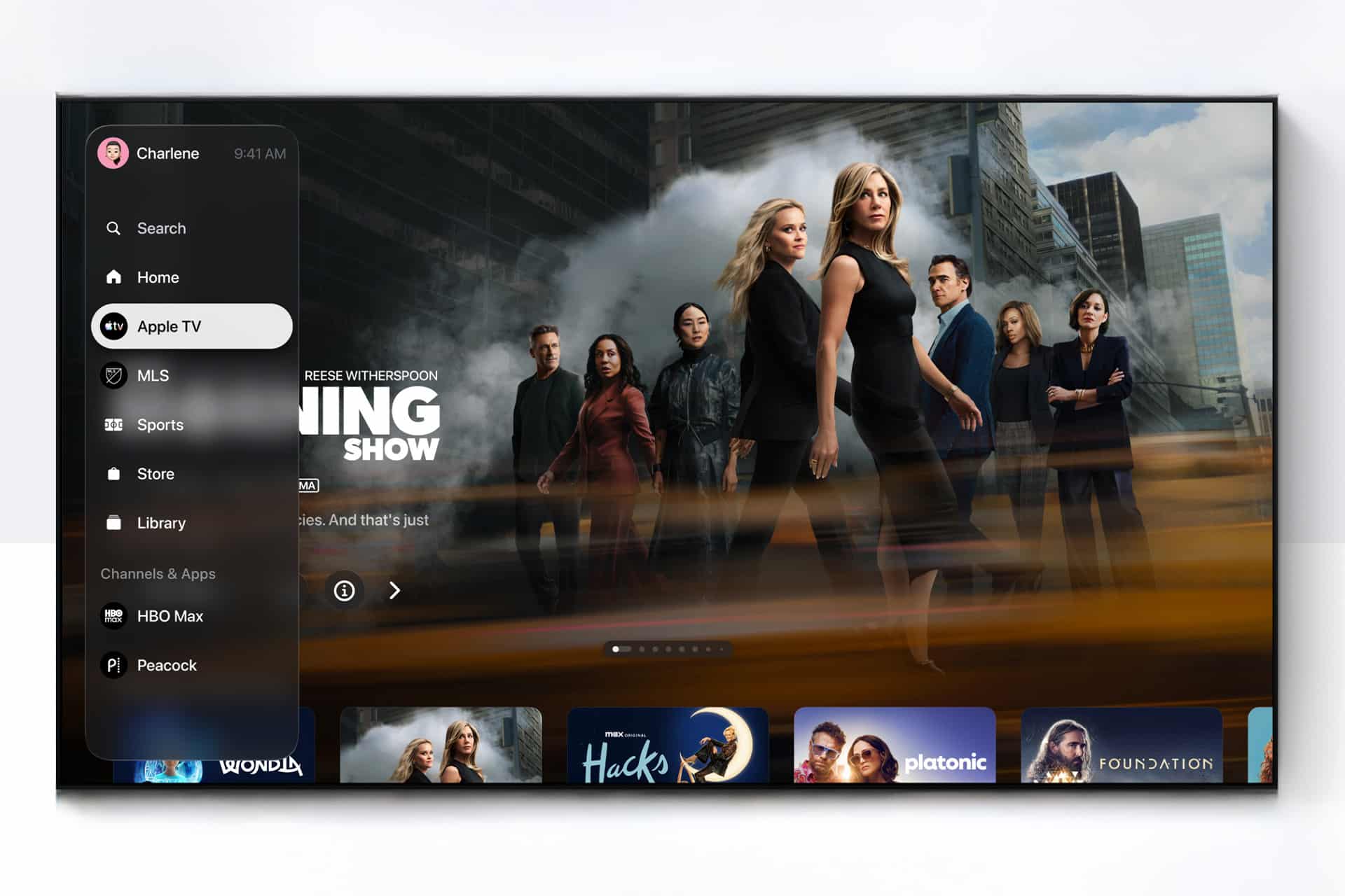 A TV screen displays the Apple TV interface with “The Morning Show” featured. The sidebar menu highlights “Apple TV” and showcases Apple TV Profiles, along with Home, MLS, Sports, Library, HBO Max, and Peacock options.