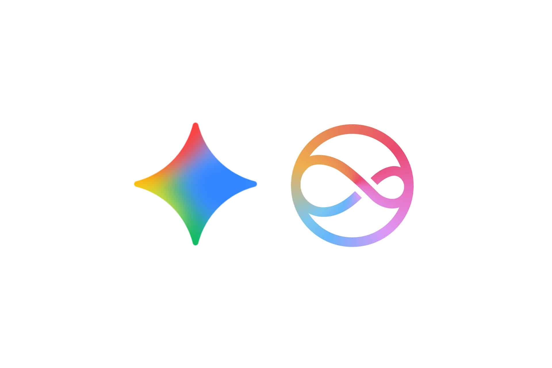 Apple Intelligence - Two colorful gradient icons on a white background: a four-pointed star on the left and a circular infinity symbol on the right in rainbow hues, inspired by the vibrant aesthetics seen in Apple Siri and Gemini branding.