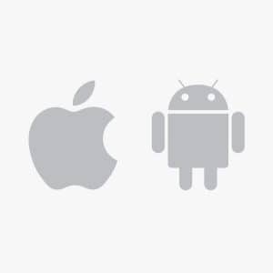 Gray Apple logo on the left and gray Android robot logo on the right, both centered on a plain white background, representing the iOS vs Android comparison.