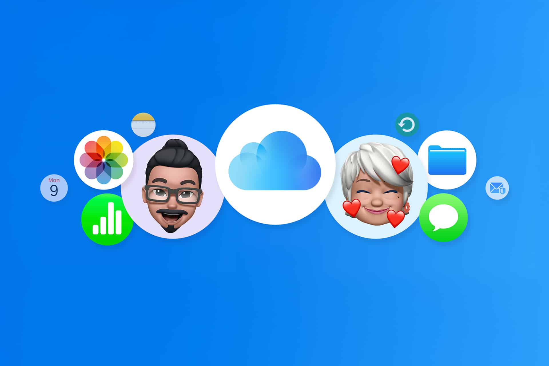 iCloud - A blue background with the iCloud logo in the center, surrounded by app icons such as Photos, Numbers, Messages, Mail, Files, and two smiling Memojis—one male and one female with hearts—showcasing iCloud’s connectivity.