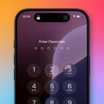 iPhone Password - A smartphone screen displays an iPhone passcode entry keypad with six dots, set against a gradient background. The time is 16:54, and the Apple logo appears in the bottom right corner.