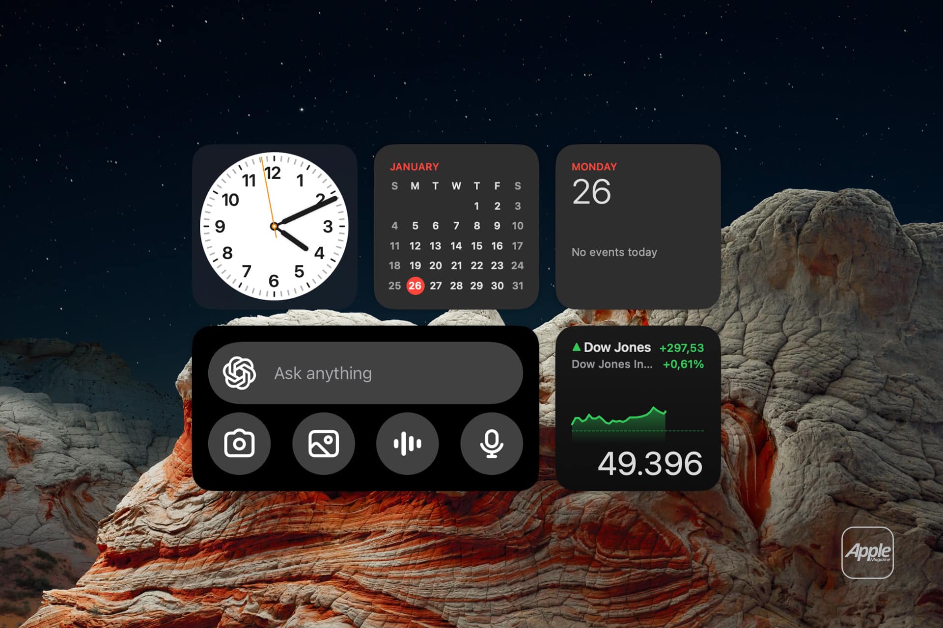 widget intelligence - A digital dashboard with Mac Widgets displays a clock, January calendar, Monday the 26th, no events, a search bar, camera and microphone icons, Dow Jones info, and the number 49.396 over a rocky landscape at night.